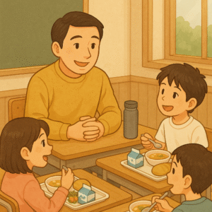 子どもたちと給食を食べる先生