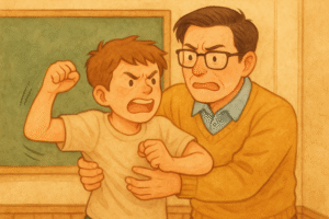 暴れる生徒を取り押さえる先生