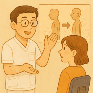 骨盤矯正の指導を受ける先生