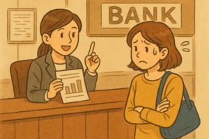 銀行窓口で不要なファンドを勧められて困っている様子