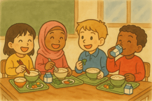国籍問わず楽しく給食を食べる様子