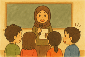 外国人児童が緊張しながらもみんなの前でスピーチをする様子