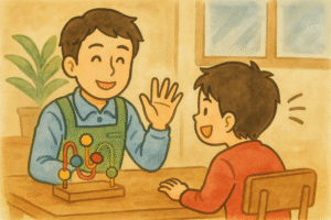 発達支援施設で子どもと遊ぶ若者
