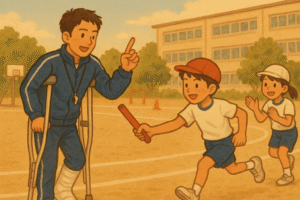 怪我をしつつも体育の授業を行う男性教員