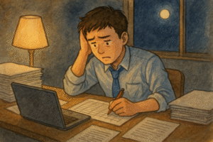 深夜まで通知表作業を行う先生