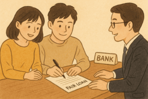 銀行でペアローン契約をする教員夫婦