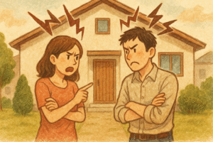 新築マイホームの前で夫婦喧嘩する教員夫婦