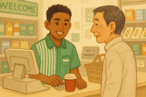 コンビニで働く外国籍の若者
