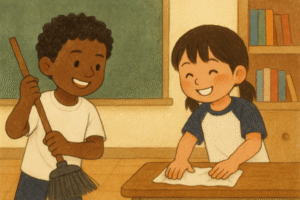 外国籍児童と一緒に掃除をする日本の子供