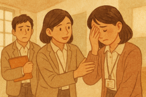 夜の職員室でうつむく姿