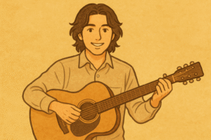 若い頃は長髪のイケメン教師。フォークギターを抱えて自己紹介するような、型破りで人気のある先輩