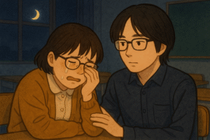 教室で泣いている青野先生を松村先生が慰めている姿