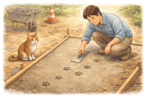 コンクリートが固まる前に猫の足跡がついたのを、あえて消さずに残す人