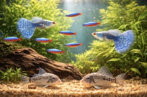そんな中で飼い始めたのが、熱帯魚（ブルーグラスグッピーとネオンテトラ、コリドラス）でした