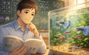 グッピーなら簡単に繁殖もできるし、尾ひれの模様はメンデルの法則そのままらしい